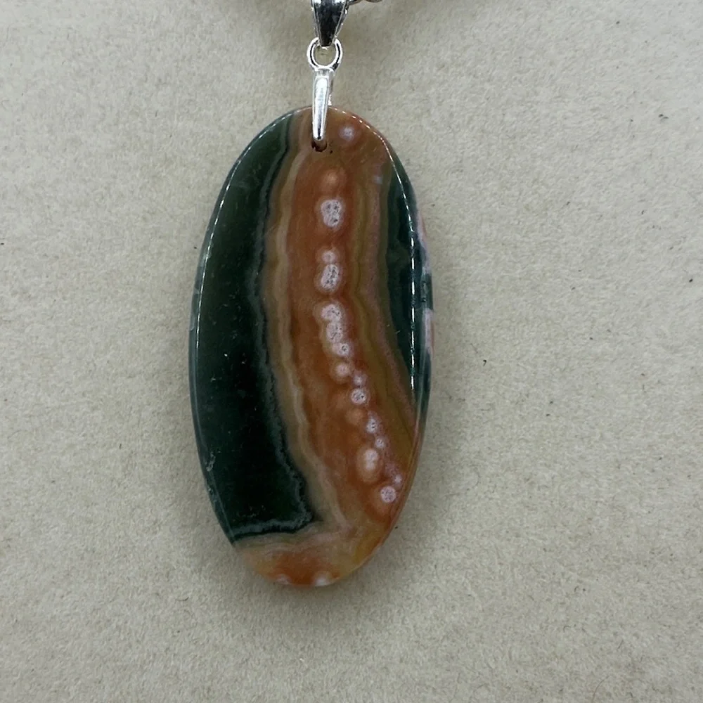 Ocean Jasper Pendant Necklace on Sterling Silver Bail & Stainless Steel Chain - Picture 1 of 8
